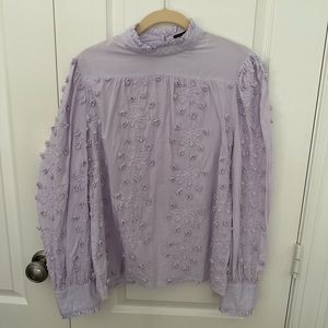 Aqua Embroidered Floral Snowflakes Lavender Mock Neck Blouse